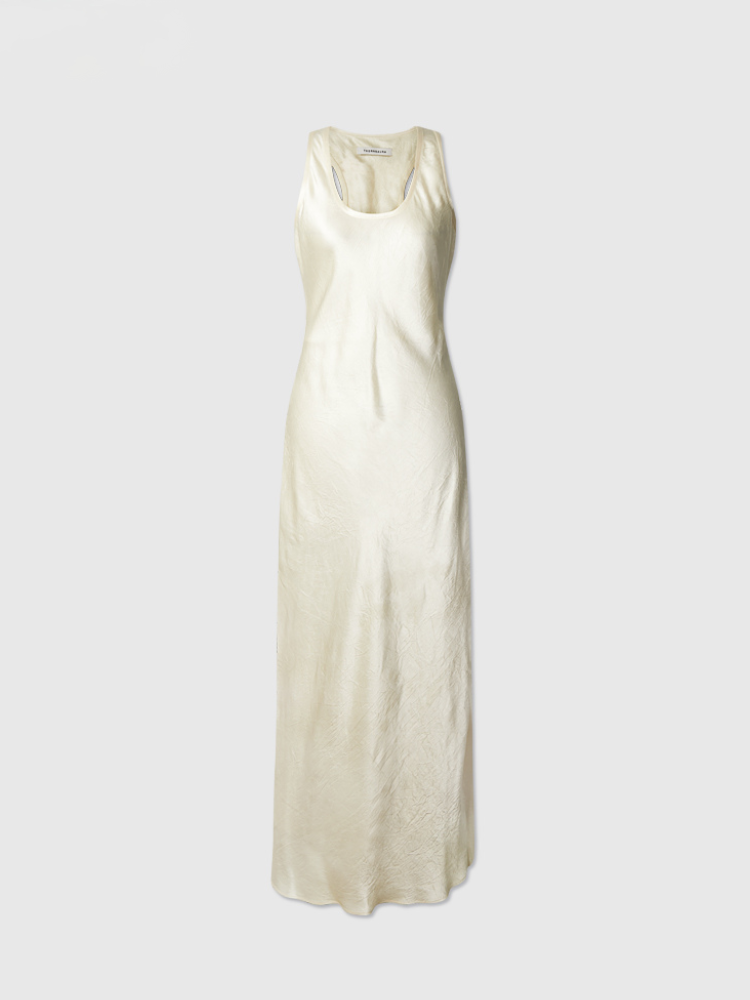 Shiny Midi Acetate Satin U-Neck Dress