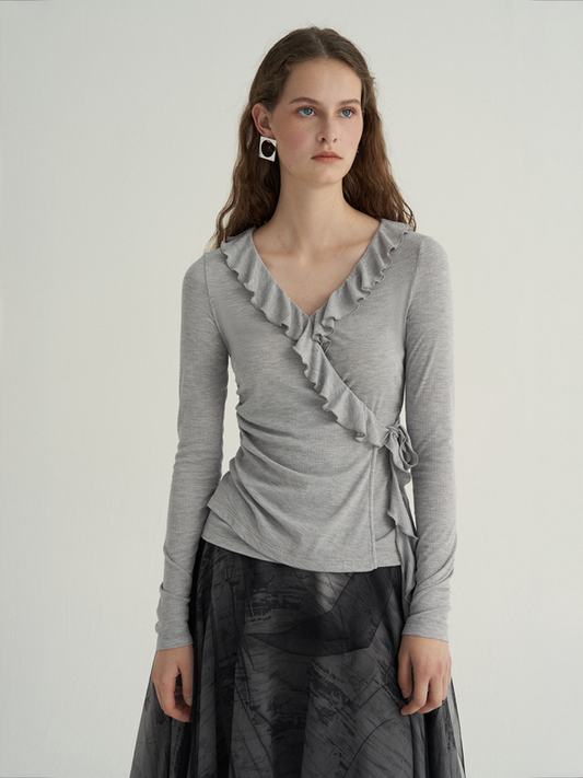 V-Neck Ruffled Wrap Sweater with Side Tie