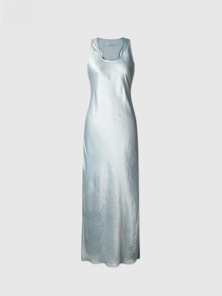 Shiny Midi Acetate Satin U-Neck Dress