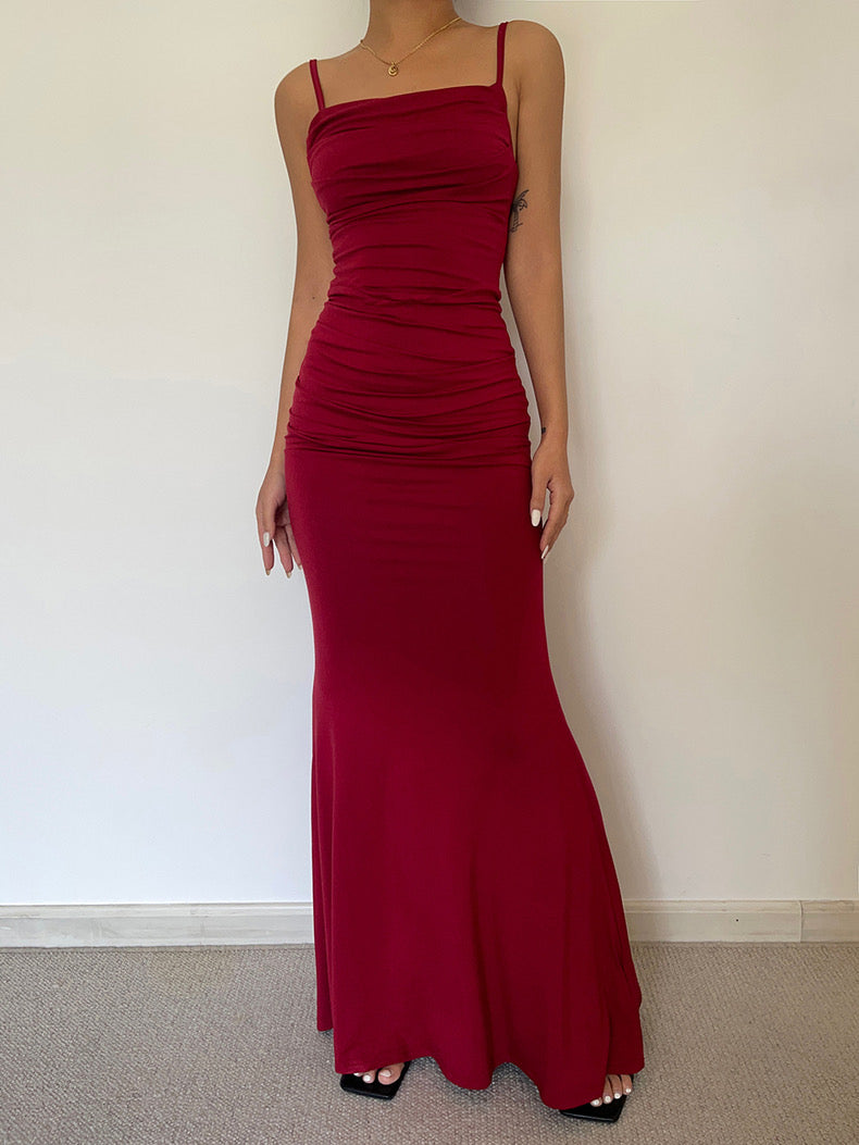 Shirring Cami Maxi Dress in Red