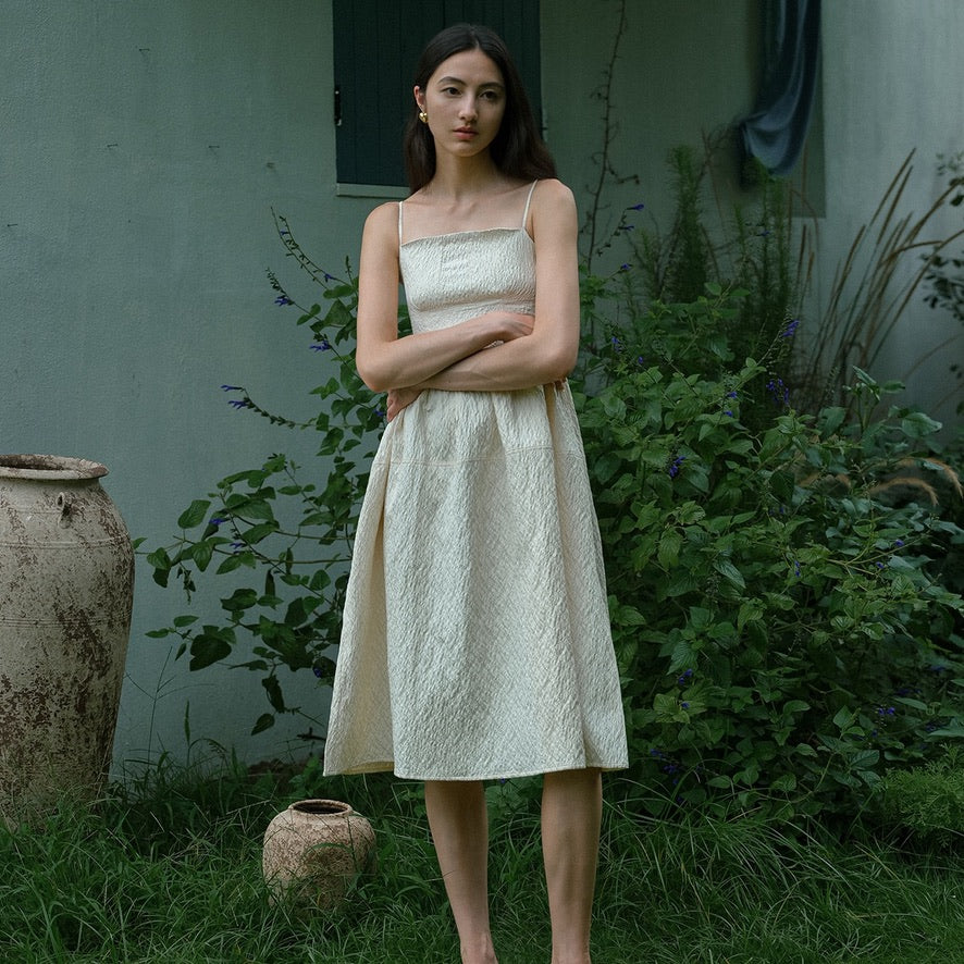 Textured Cami Mid Dress in Cream