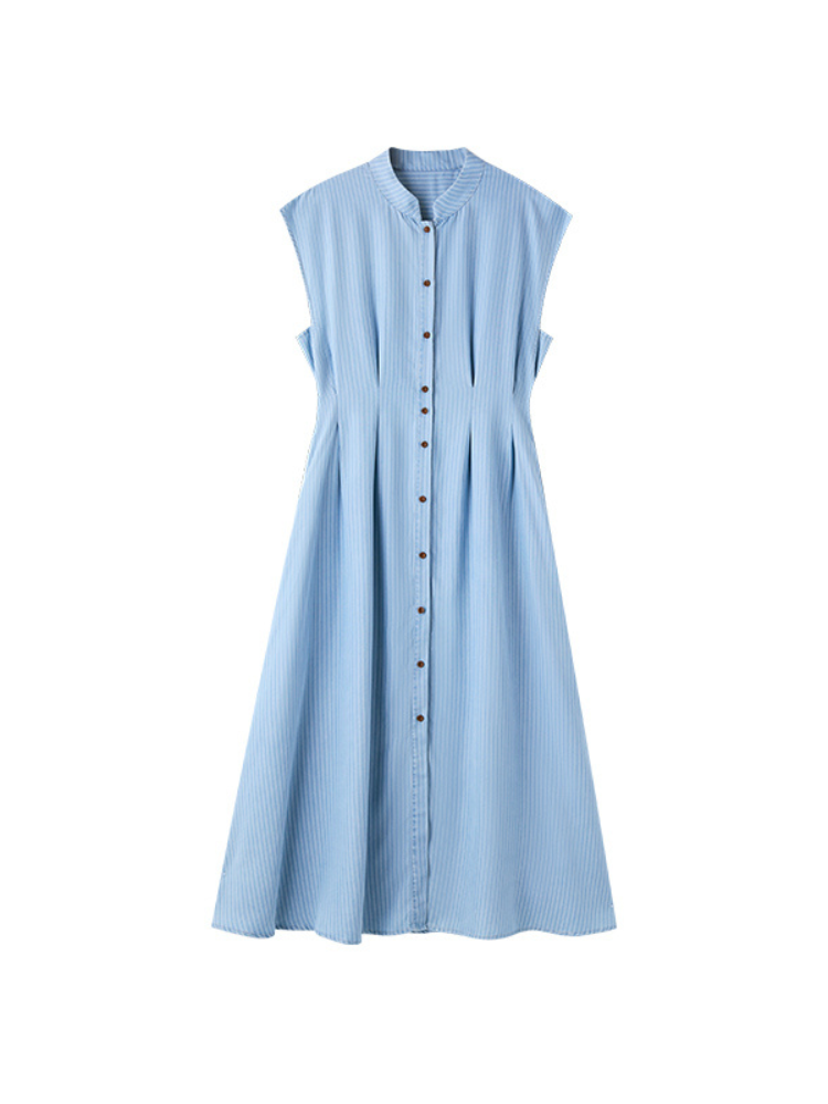 Cooling Tencel Blue and White Striped A-Line Dress