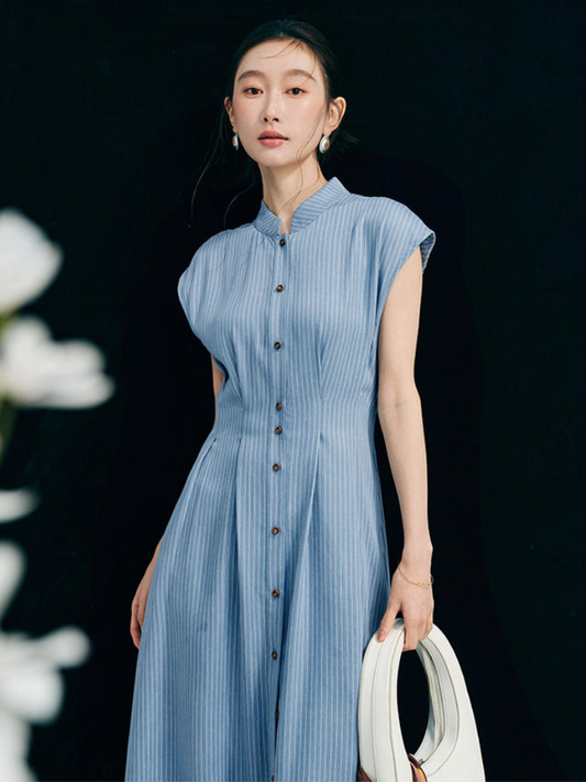 Cooling Tencel Blue and White Striped A-Line Dress