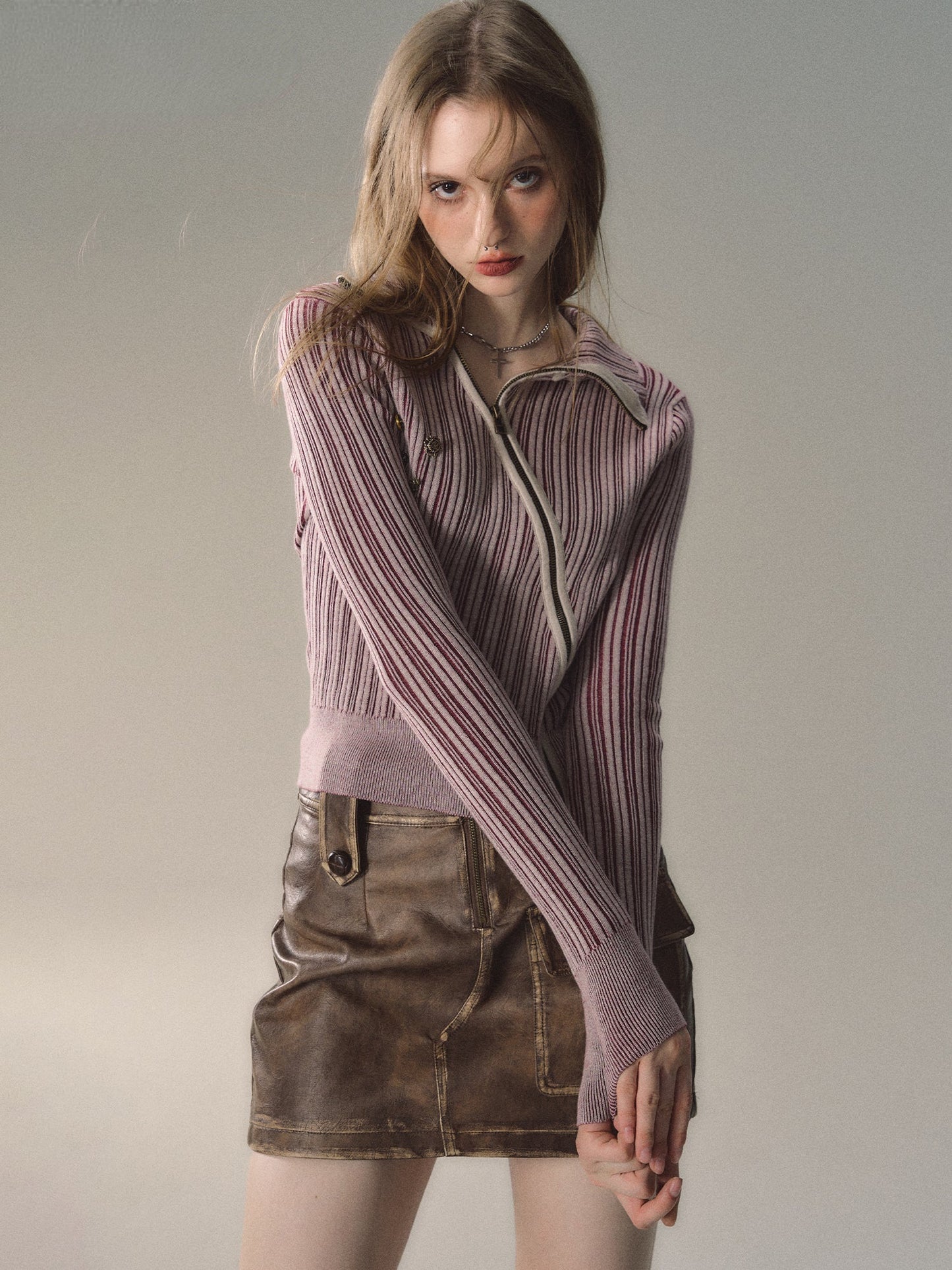 Mocha & Red Zipper Striped Turtleneck
