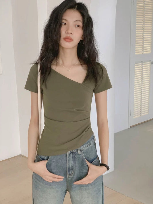 Asymmetric Cut Tee in Khaki