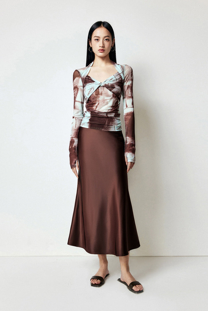 Satin Maxi Slip Skirt in Brown