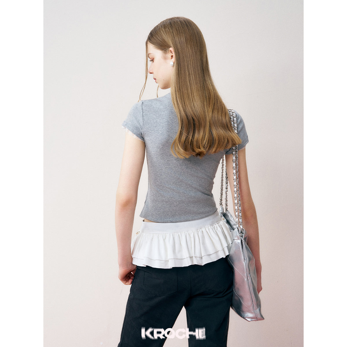 Kroche Lace Sleeve Clean Fit Logo Slim Fit Top Grey