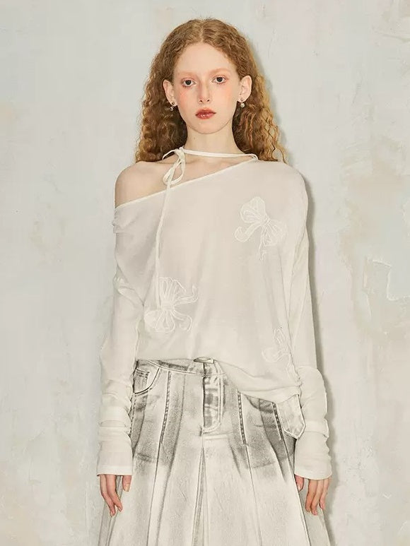 Slant Shoulder Bow Hollow Embroidered Loose Tie Top