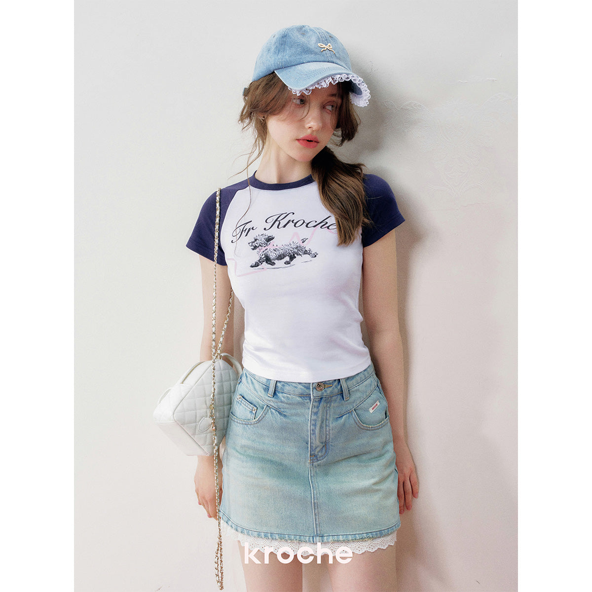 Kroche Hand Painted Puppy Raglan T-Shirt Navy Blue