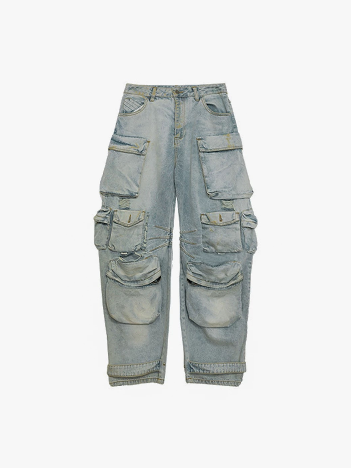 Multi-Pocket Distressed Heavy-Washed Cargo Jeans