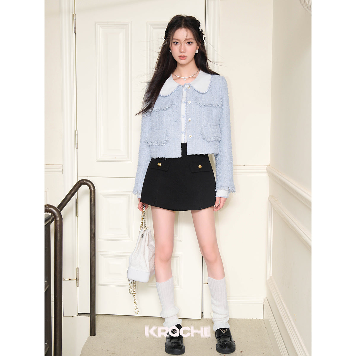 Kroche Tassel Heart Button Tweed Jacket Blue