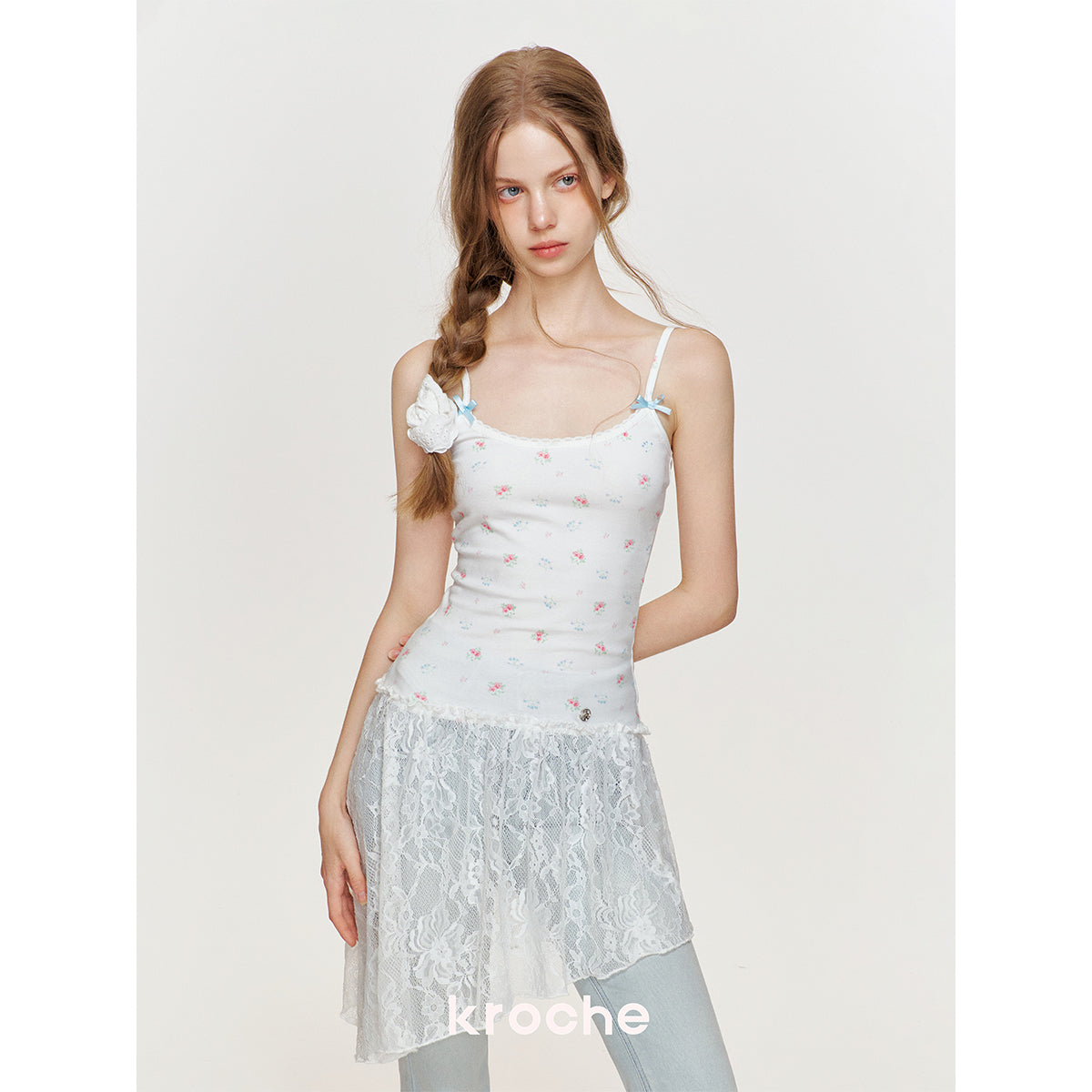 Kroche Lace Floral Diagonal Hem Halter Dress