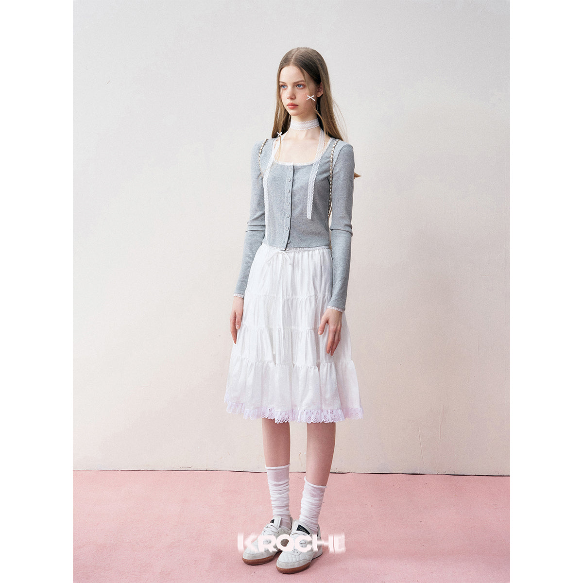 Kroche Lace Patchwork Tiered Skirt White