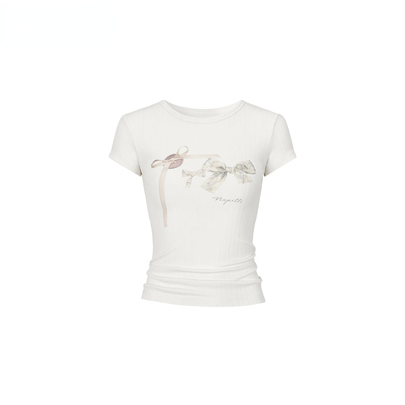 Creamy White Butterfly Print Slim-fit Short-sleeve T-shirt