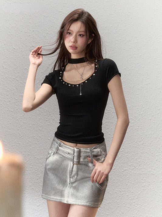 Choker Collar Rhinestone Knit T-Shirt