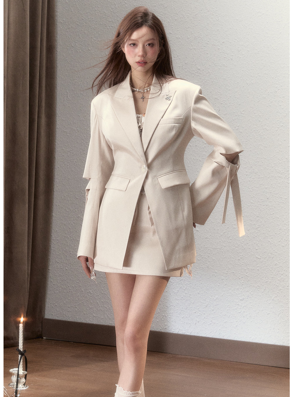 Champagne-colored Slim Blazer & Skirt Set