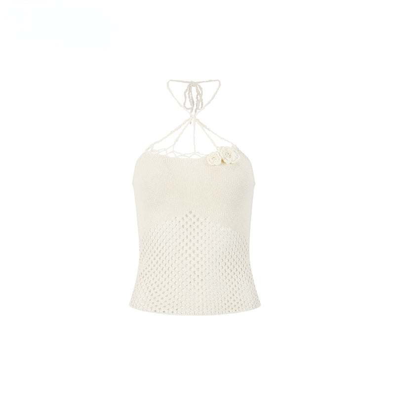 Rose Knitted Hollow Out Spaghetti Strap Tank Top