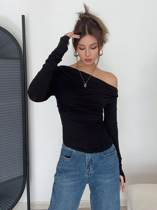 Off Shoulder Shirring Long Sleeve Top - Black