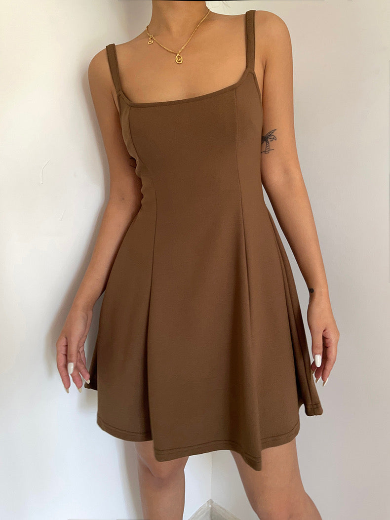 Tie Back Skater Dress in Brown