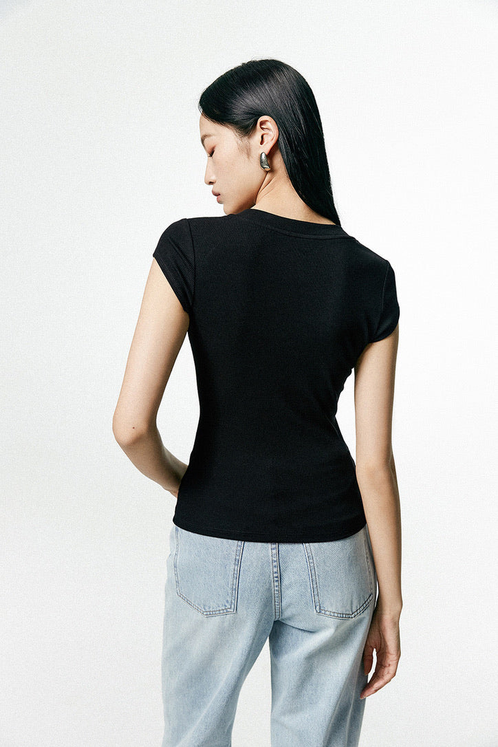 Classic U Neck Cap Sleeve Stretch Tee in Black