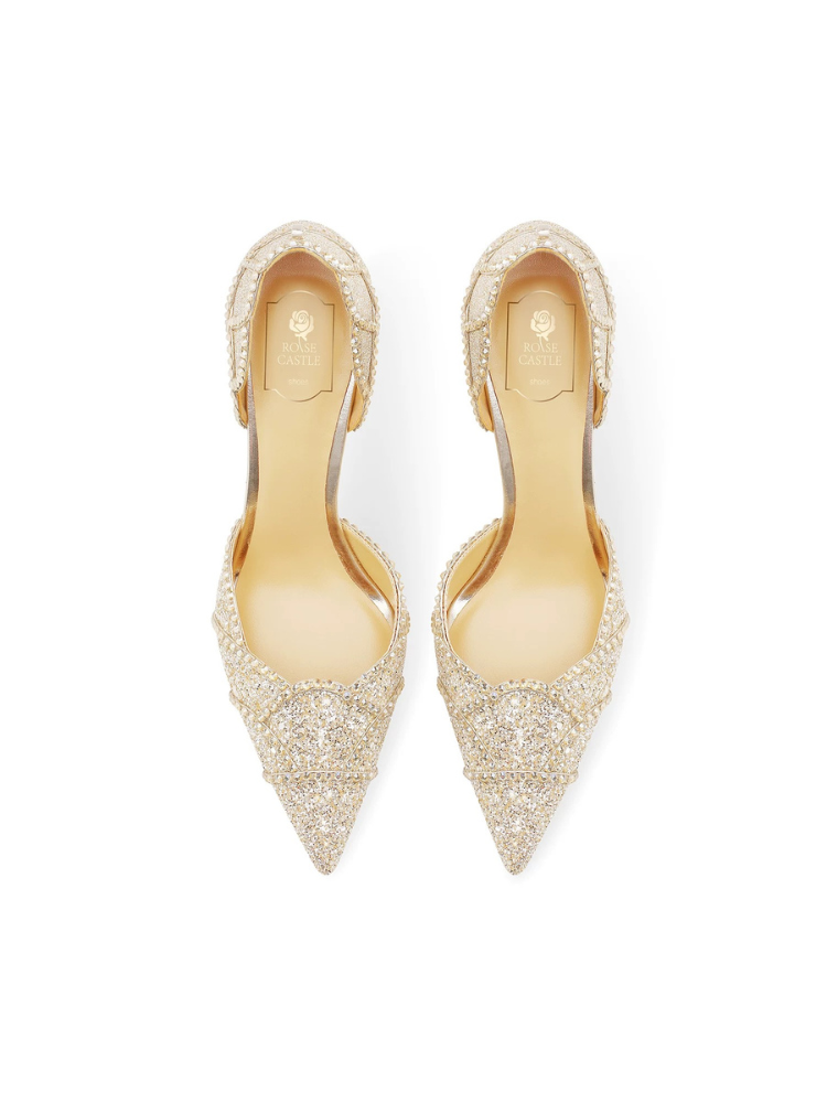 Sparkling Rose Hollow Gold Petal Crystal Fashion Heels