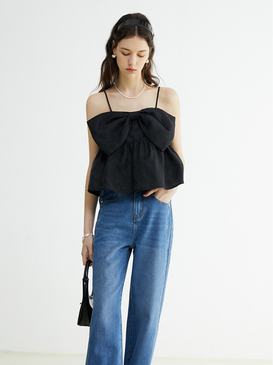 Black Jacquard Bow Sleeveless Top