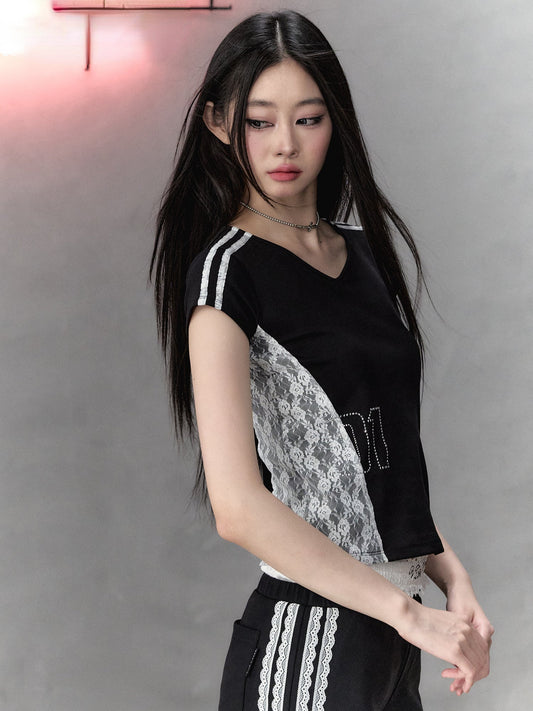 Black Lace Trim with Letter Print Short Sleeves