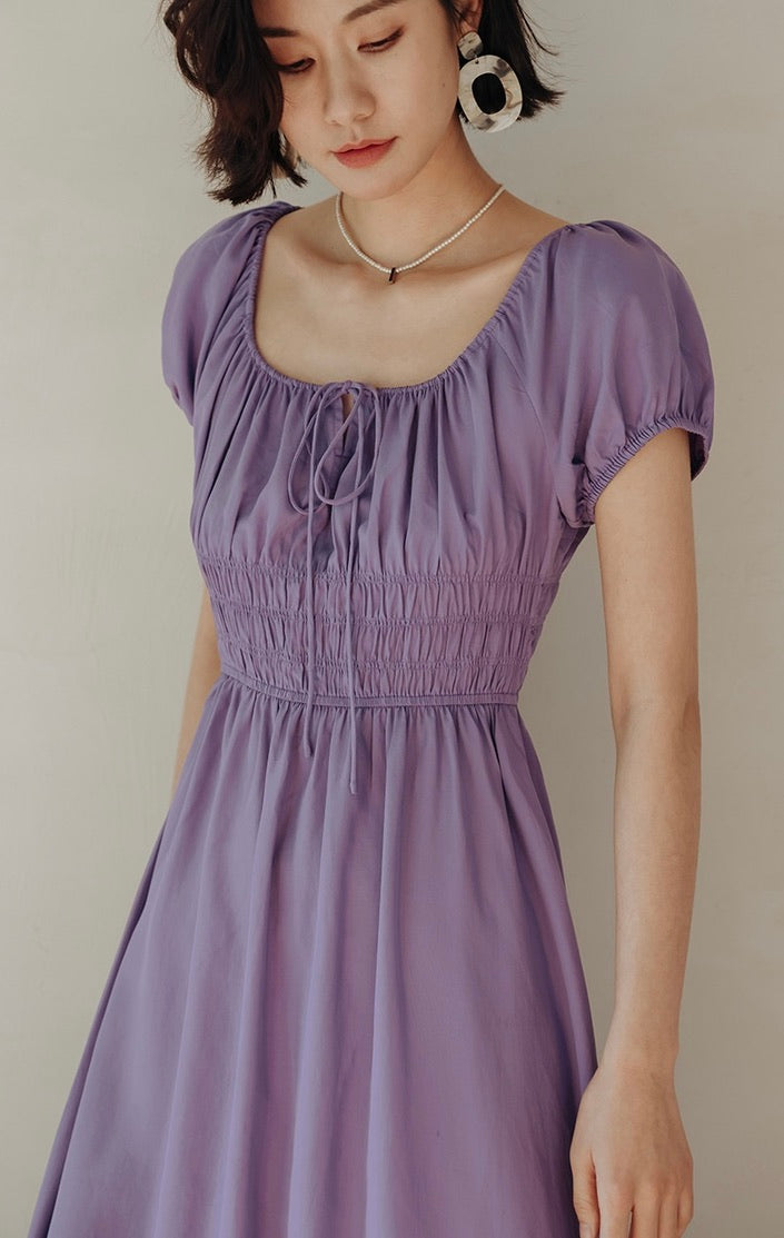 Puff Sleeve Smocked Flare Dress in Purple