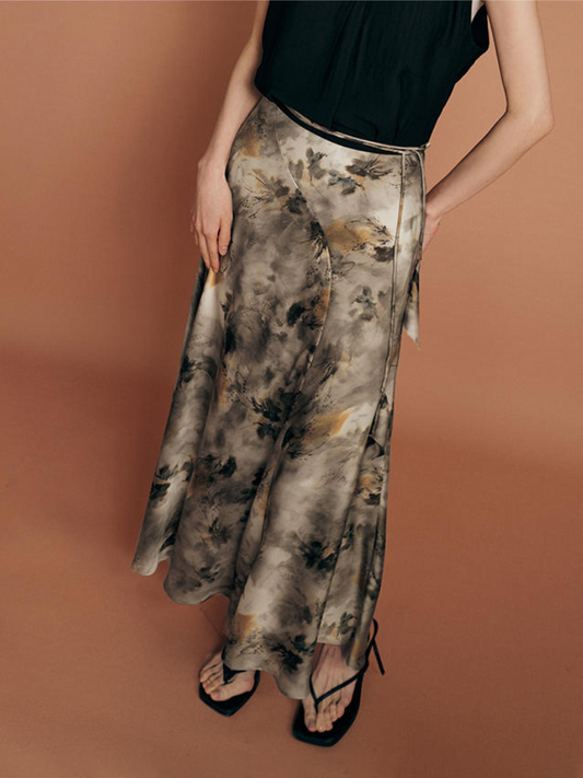 Ink Wash Butterfly Print A-Line Skirt with Calla Lily Belt