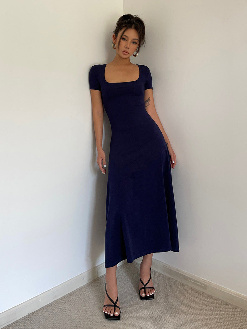 Short Sleeve Flare Maxi Dress in Navy