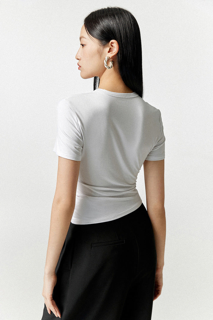 Side Gather Asymmetric Hem Tee in White