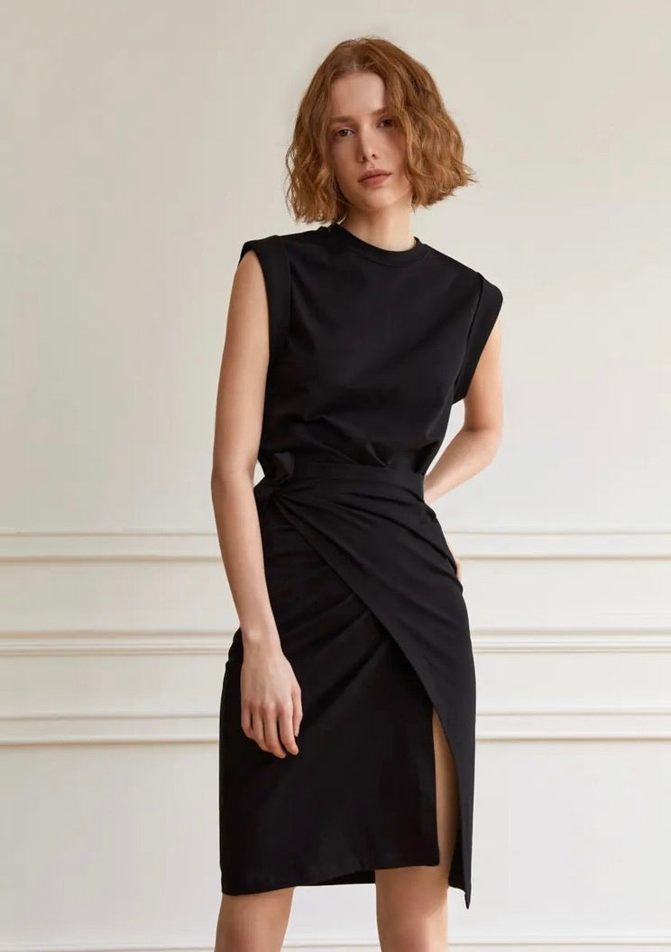 Sleeveless Boxy Wrap Dress in Black