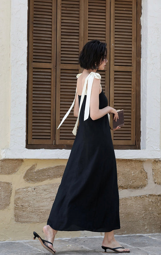 Ribbon Tie Maxi Dress in Black