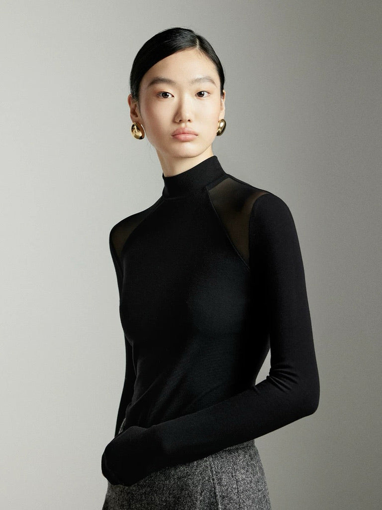 Sheer Panel High Neck Top in Black