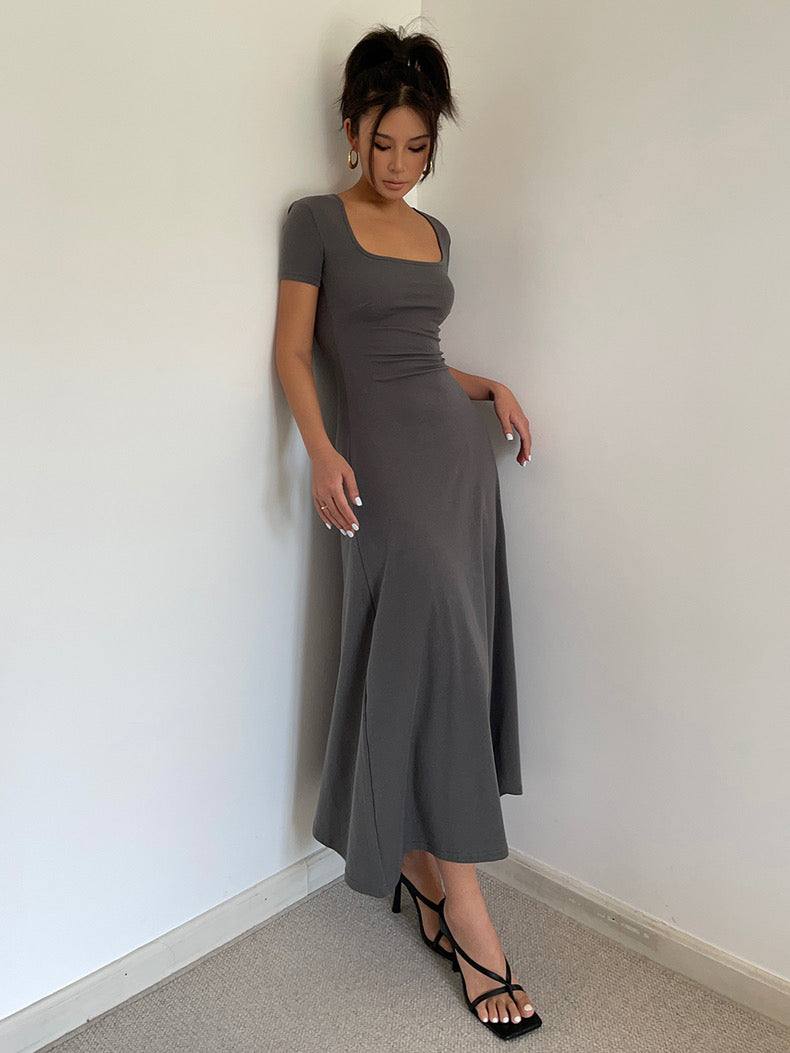 Short Sleeve Flare Maxi Dress in Grey