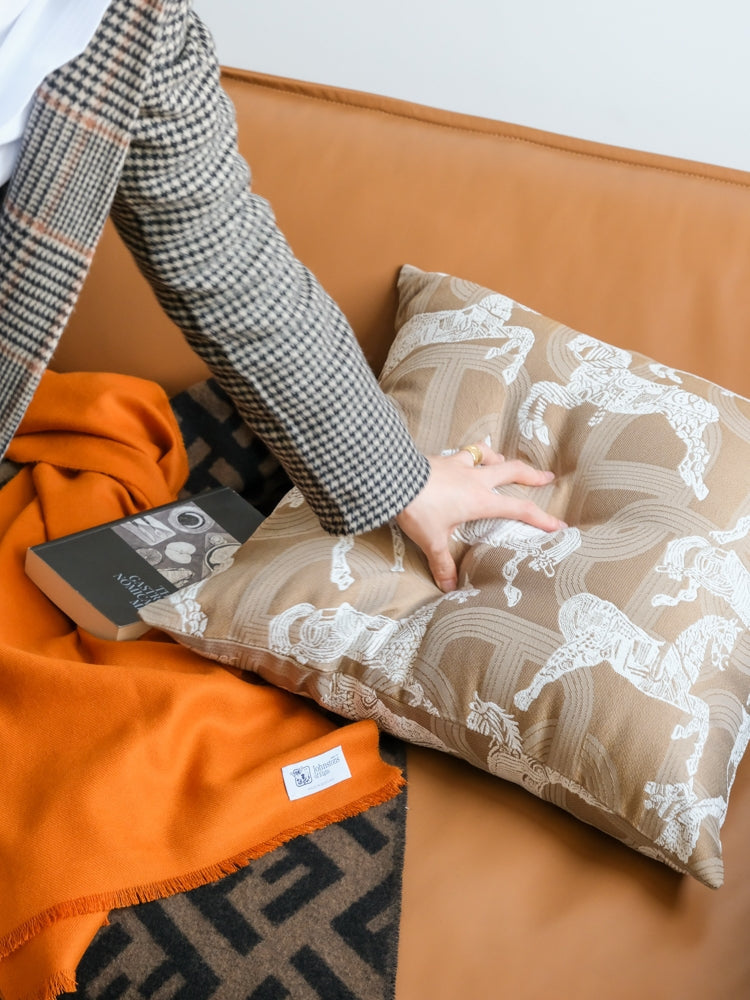 Royal Horse Embroidered Cushion in Wheat Hue