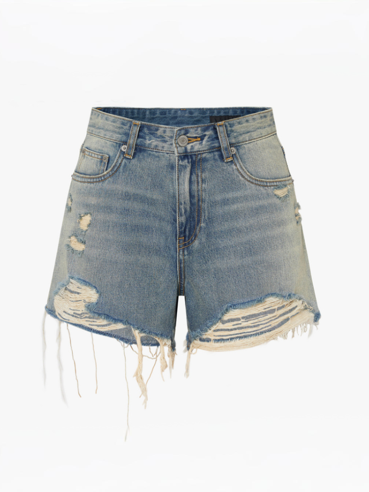 Vintage Distressed Mid-Rise Cotton Denim Shorts