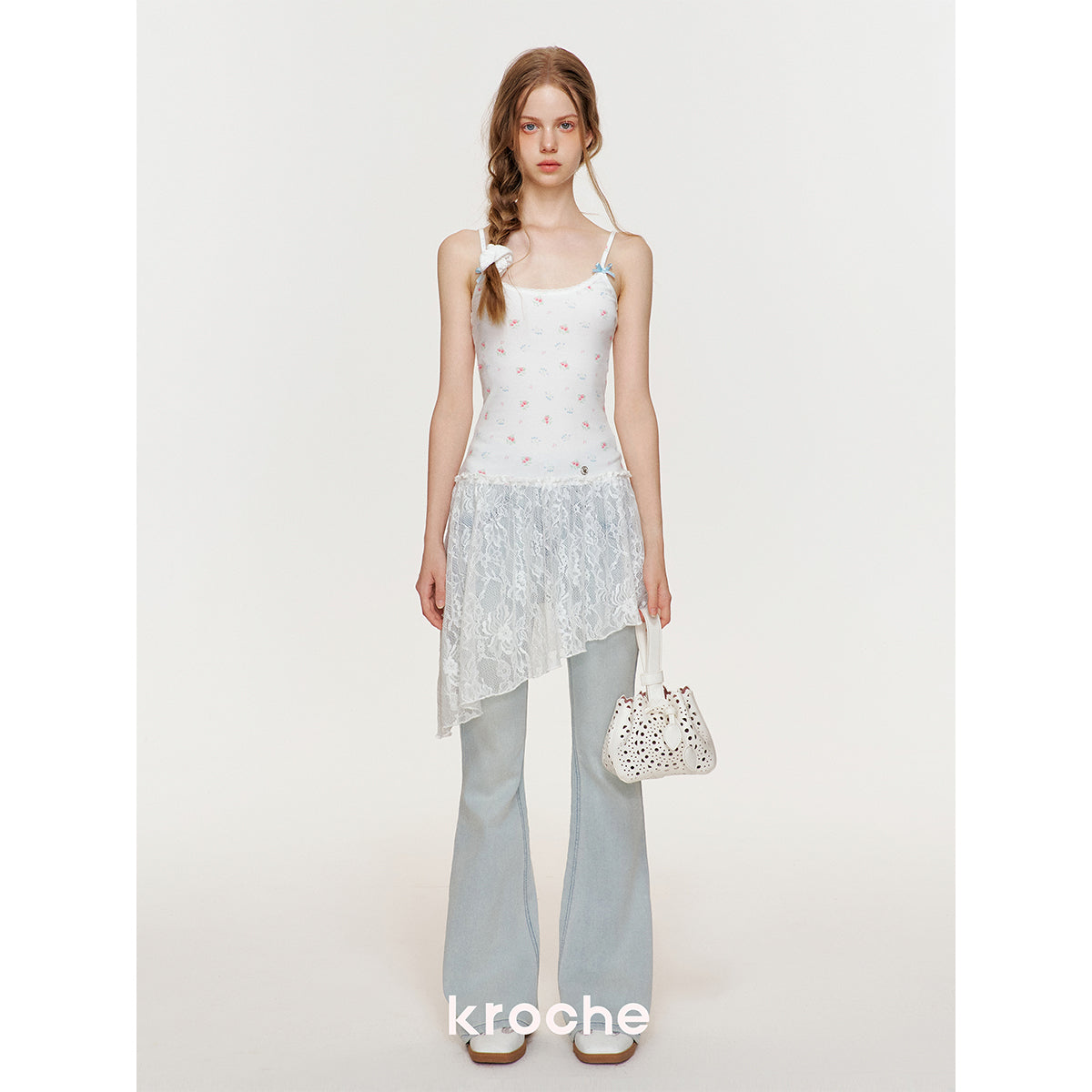 Kroche Lace Floral Diagonal Hem Halter Dress