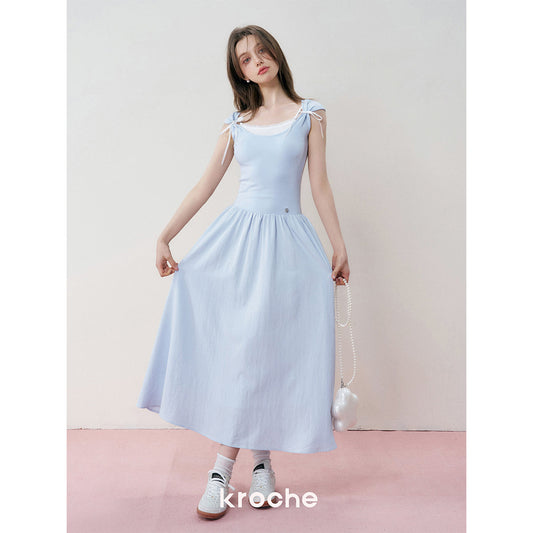 Kroche Fake-2-Piece Patchwork Casual Dress Blue