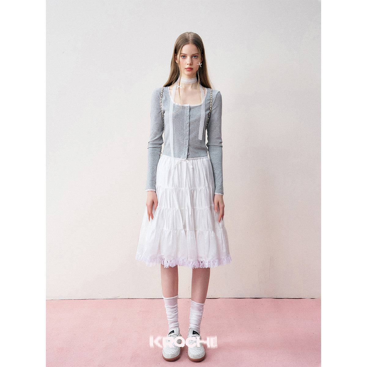 Kroche Lace Patchwork Tiered Skirt White