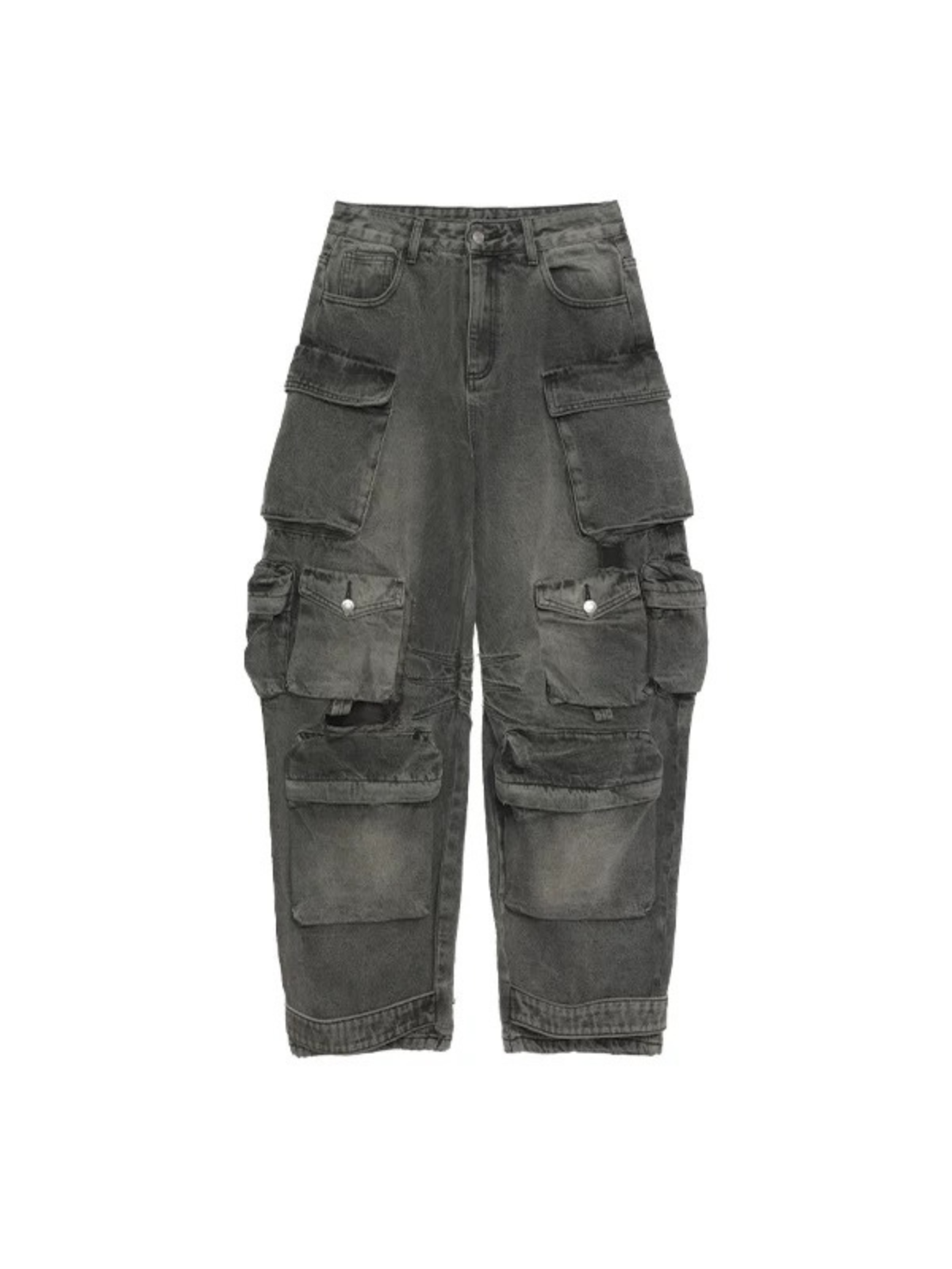 Multi-Pocket Distressed Heavy-Washed Cargo Jeans