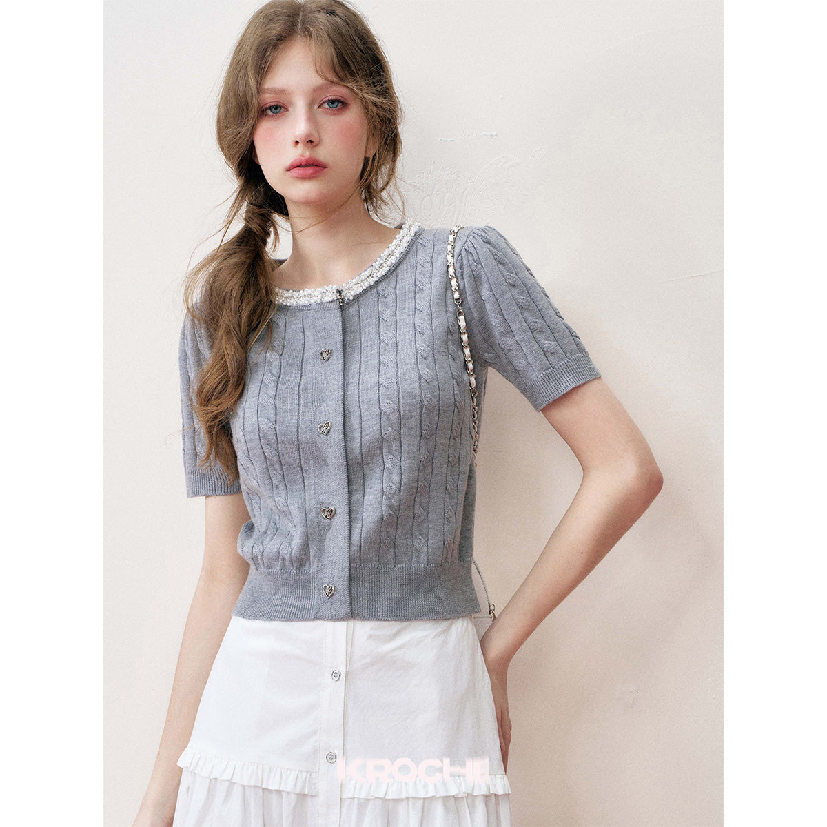 Kroche Pearl Collar Woolen Short Sleeved Cardigan Grey