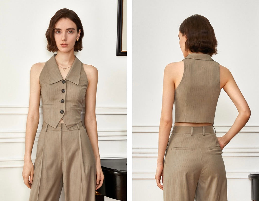 Striped Collar Button Vest in Khaki