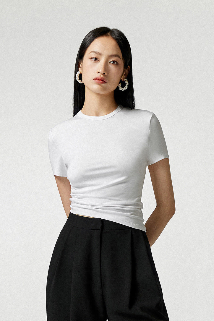 Side Gather Asymmetric Hem Tee in White