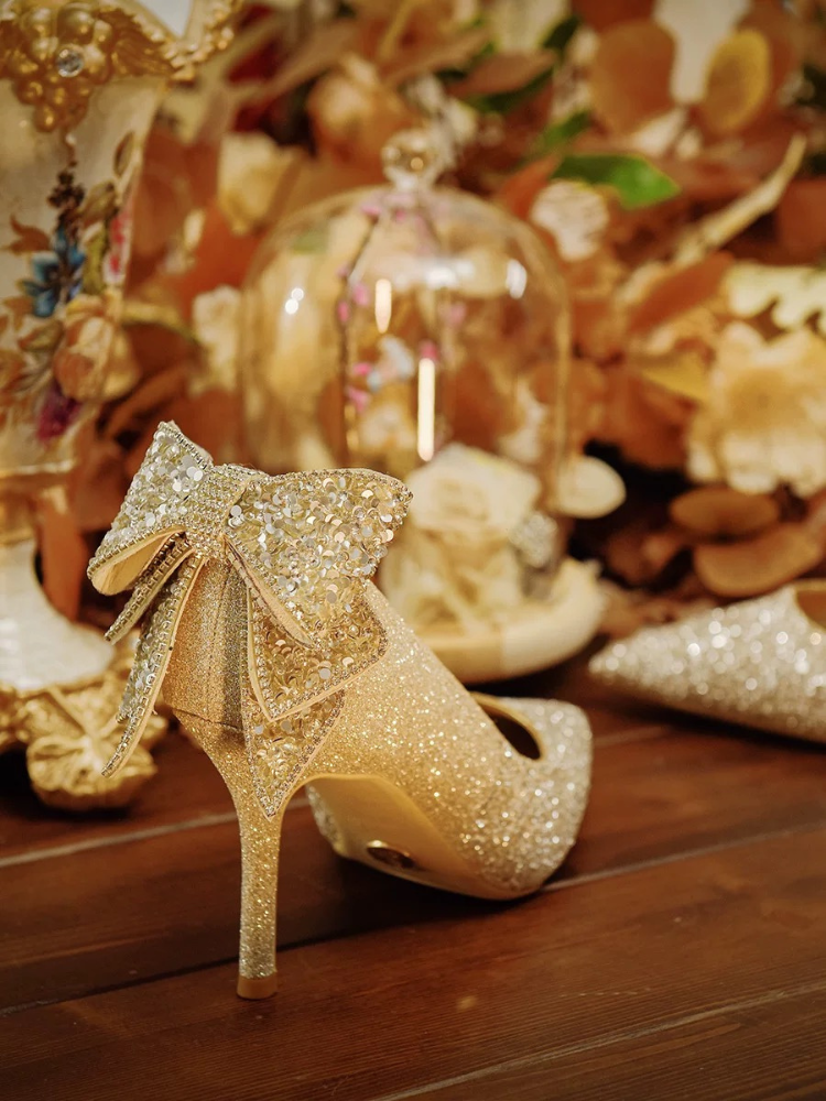 Crystal Bow Gold High Heels