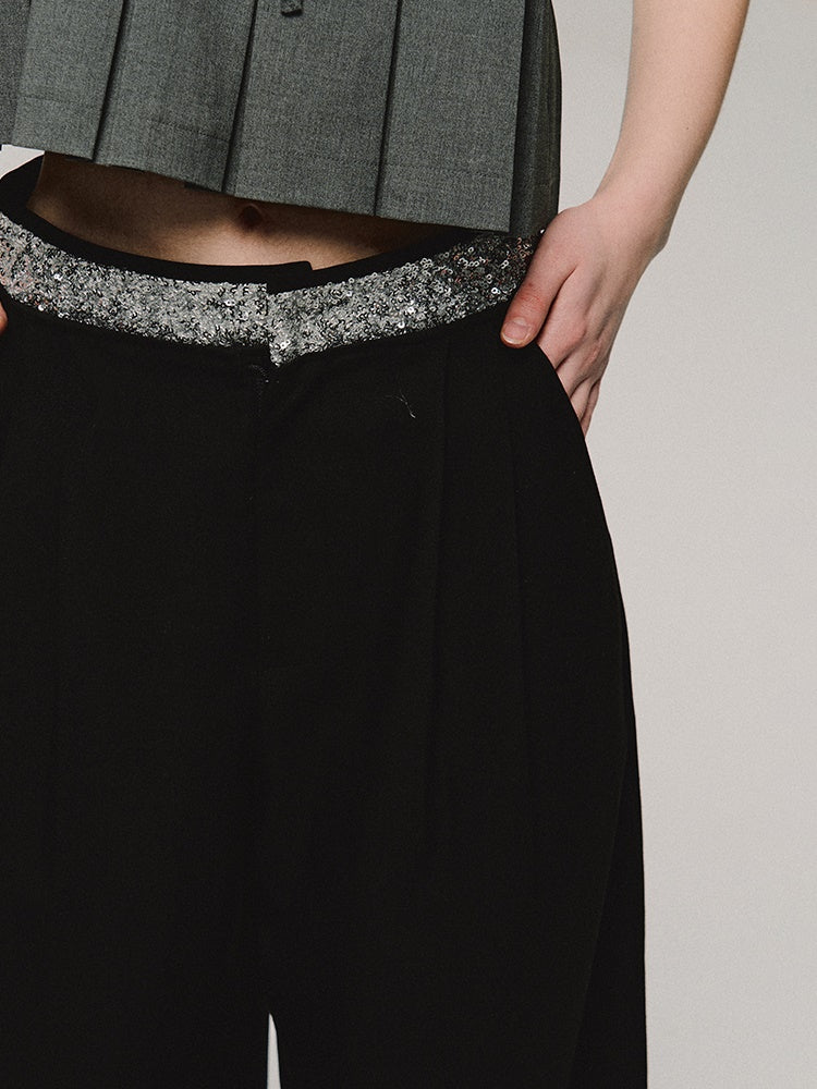 Straight Bijou High-Waist Wide-Leg Cool Pants