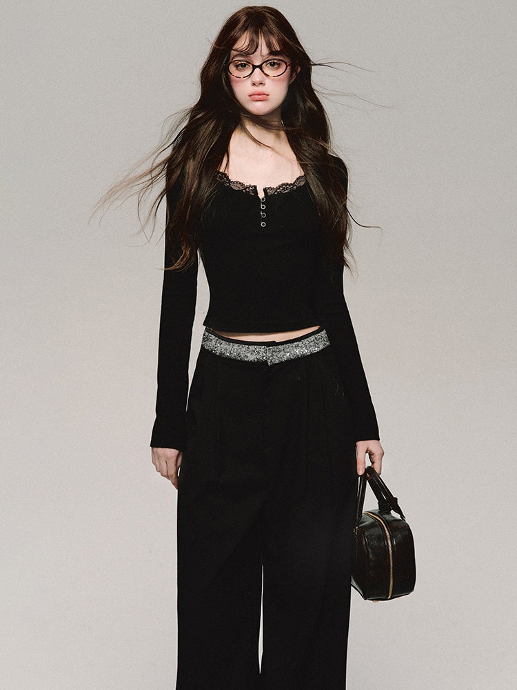 Straight Bijou High-Waist Wide-Leg Cool Pants