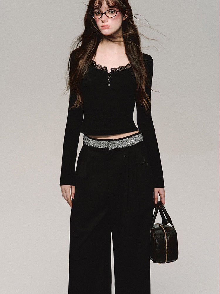 Straight Bijou High-Waist Wide-Leg Cool Pants