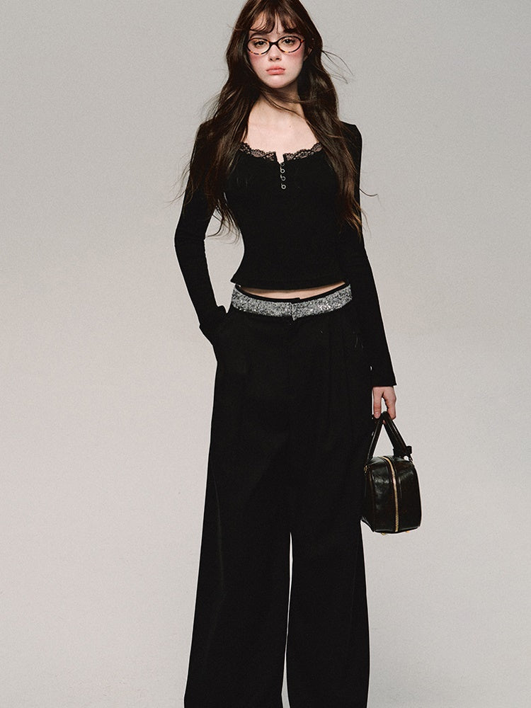 Straight Bijou High-Waist Wide-Leg Cool Pants