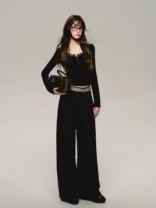 Straight Bijou High-Waist Wide-Leg Cool Pants